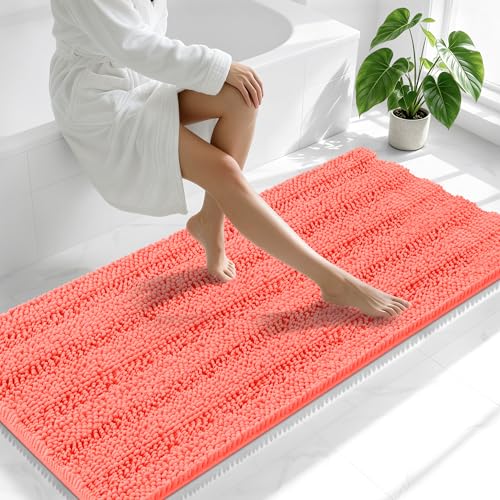 Image of Smiry Thick Chenille Bathroom Runner Rugs 59x24, Absorbent Striped Bath Mat, Machine Washable, Rubber Backing, Extra Long Bath Rugs for Tub & Shower, Modern Home Decor Accessories, Coral