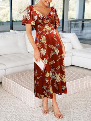 Image of Fashionme Womens Dresses 2026 Maxi Dresses Deep V Neck Elegant Bow Tie Front Cap Sleeve Summer Floral Satin Smocked Dress