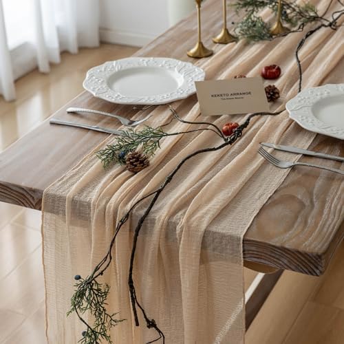 Keketoarrange Deep Beige Cheesecloth Table Runner Rustic Boho But...
