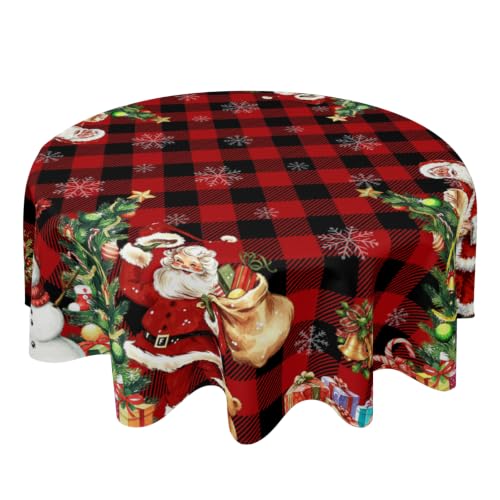 Granbey Christmas Santa Buffalo Plaid Tablecloth Round 70 Inch for Holiday