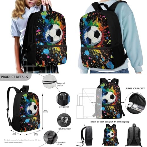 Talayituse Soccer Paint Splatter Print Kids Backpack for Boys Girls, Preschool Elementary School Bag Travel Bapack, 4Pcs Bookbag Set with Lunch Box Pencil Case Water Bottle Carrier Bag2