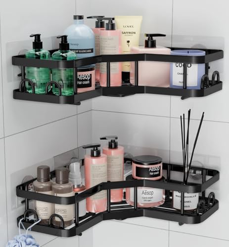 HURUC Corner Shower Caddy – 2 Pack Rustproof, Bathroom Corner Shelves, No-Drill Adhesive, Suction for Accessories and Storage, Black (Black)