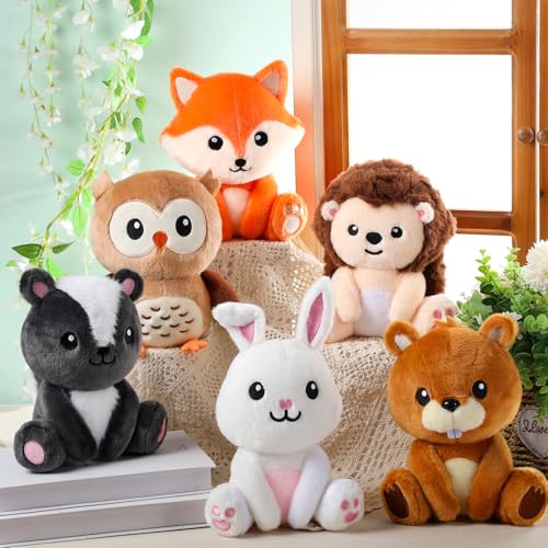 Image of RoundFunny 6 Pcs Safari Animals Toys 7 inch Stuffed Animals Set | Owl Rabbit Fox Beaver Hedgehog Skunk Large Animals Plush Toy for Safari Baby Showers Party Decor, Birthday Gifts Awards