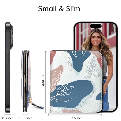Image of Toughergun Boho Abstract Leaves RFID Small Wallet Women, Slim Thin Vegan Leather Bifold Wallet with Zipper Coin Pocket & ID Window, Cute Mini Credit Card Holder Gift for Women Ladies Teen Girls