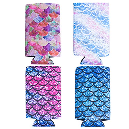 Slim Can Sleeves - Neoprene Bottle Insulator Sleeve Set of 4 Can Beverage Coolers for 12oz Energy Drink & Beer Cans (Fish scale-4)