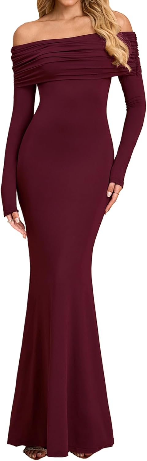 Women Off The Shoulder Long Sleeve Maxi Dress Ruched Bodycon Winter Formal Wedding Guest Dresses