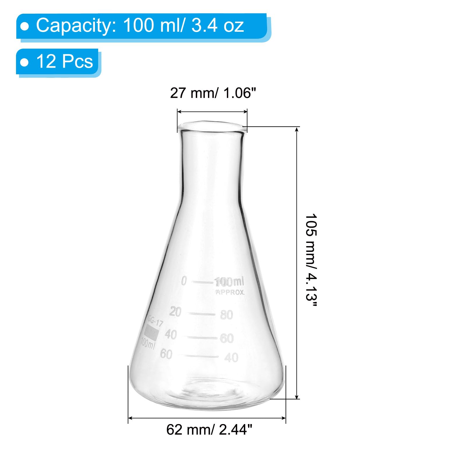 PATIKIL Fiole Erlenmeyer, 12 Pcs 100ml 3.4oz Col Étroit Fioles Graduées Verre Borosilicate Avec Graduation Imprimée Pour Laboratoire Expérience Chimie Étude Scientifique