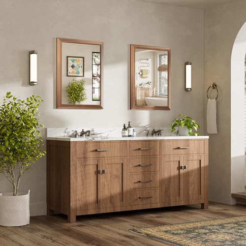 Image of 24x32 Inch Bathroom Mirror for Wall, Anti-Rust Walnut Wood Grain Metal Framed Bathroom Mirrors for Over Sink,Rectangler Mirrors for Bathroom Vanity, Farmhouse, Bedroom, Living Room, Entryway Decor