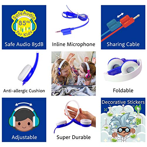 ONANOFF BuddyPhones Connect, Volume-Limiting Kids Headphones, Foldable and Durable, Built-in Audio Sharing Cable with in-Line Mic, Best for Kindle, iPad, iPhone and Android Devices, Blue and Green