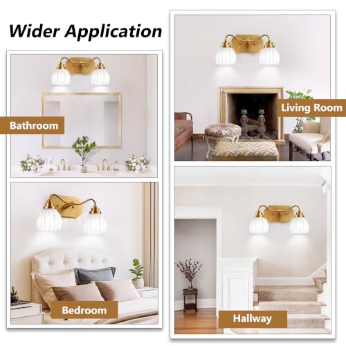 Image of Vintage Gold Vanity Lights, 2 Light Milk White Tulip Crystal | Antique Brass Finish, Brushed Gold Bathroom Light Fixtures, Wall Sconce Ideal for Bedroom, E26 Compatible, Easy Install