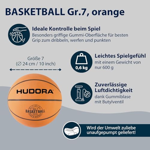 HUDORA Basketball Größe 7 orange, unaufgepumpt - Indoor & Outdoor Gummi-Basketball für Kinder, Jugendliche & Erwachsene - Griffiger Basketball aus Naturgummi für Anfänger & Fortgeschrittene