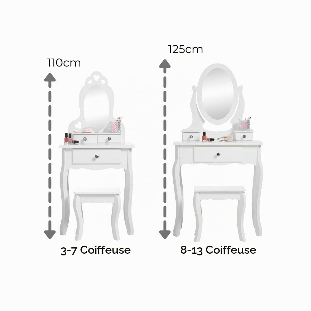 Runesol Coiffeuse Enfant Blanc avec Miroir et Tabouret, pour Fille 8-13 Ans, en Bois, Meuble Chambre, Cadeau d'anniversaire
