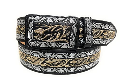 Cinto Charro Bordado Plateado, Men's Embroidered Silver and Gold Western Belt2
