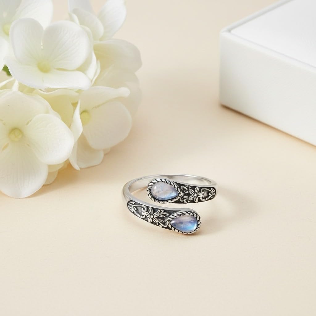 Mondstein Ring für Damen aus 925er Sterlingsilber Moosachat/Tigerauge/Türkis/Opal/Schwarzem Onyx Verstellbare Daumenringe im Vintage Löffel Blumen Schmuck Geschenk für Mutter Ehefrau