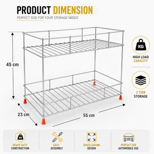 Image of GLUN Heavy-Duty 2-Tier Automotive Storage Rack, Metal Garage Organiser Shelf for Car Tools, Spare Parts, Cleaning Supplies & Workshop Utility Stand, Rust-Resistant Multi-Purpose Storage Accessories