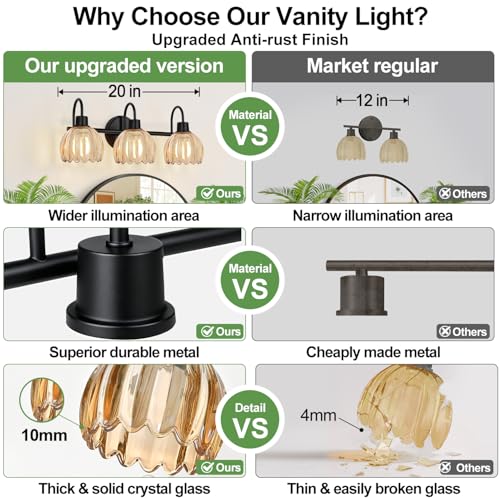 Image of Bathroom Light Fixtures, 3-Light Black Vanity Light with Ribbed Amber Tulip Glass Shades, 20-Inch Bathroom Lighting Over Mirror for Bedroom, Living Room, Hallway (Bulbs Not Included)