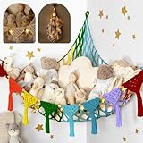 TIDYTEDS Macrame DreamLights Boho Stuffed Animal Storage Net Hammock Extra Large Plush Toy Storage Holder For Small Or Large Plushies Rainbow