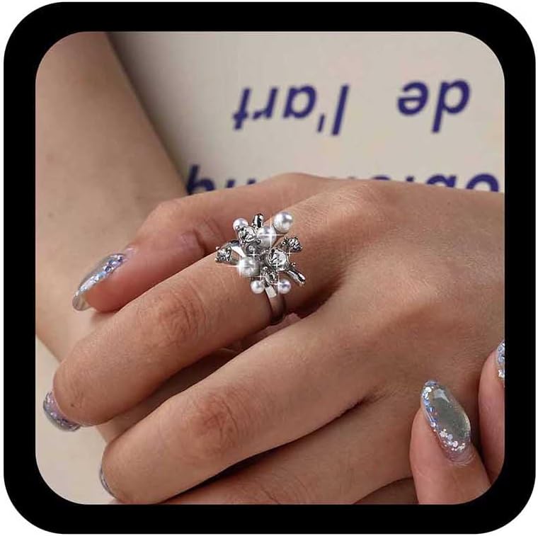 Vintage Cluster Pearl Crystal Ring Silver Pearl Finger Ring Bridal Pearls Rings Cz Cluster Rings Adjustable Wedding Round Bead Ball Exaggerated Statement Jewelry for Women
