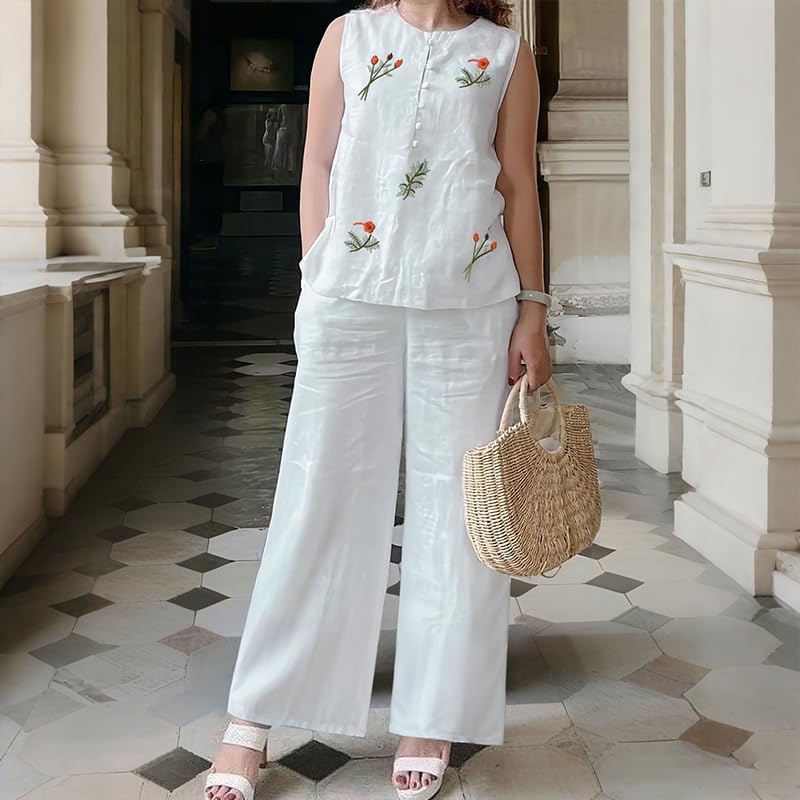 THLAI Womens 2 Piece Loungewear Sets Floral Embroidered Sleeveless Top and Wide Leg Pants Casual Outfits image 3