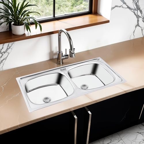 Image of Ruhe Oval Double Bowl 45x20x9 inches 304 Grade Kitchen Sink | 304 Grade Stainless Steel Oval Double Bowl Kitchen Sink | Glossy Finish | Sink Coupling and Waste pipe