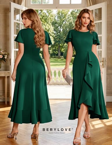 Image of BeryLove Women Formal Party Dress Flutter Short Sleeve Wedding Cocktail Long Evening Dress