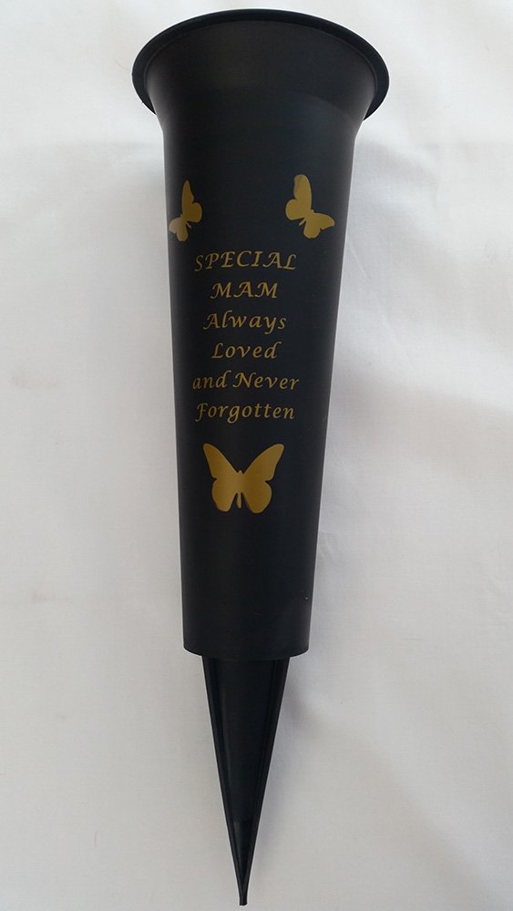 Special Verse Graveside Memorial Grave Spiked Flower Vase (Mam, 1 Pack), Black & Gold