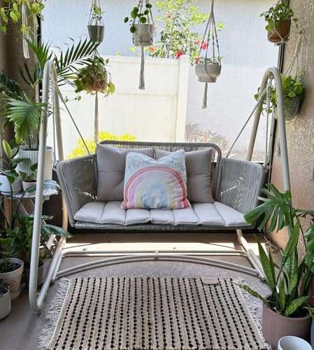 Image of PURPLE LEAF 2-Seat Cloud Swing Chair with Stand Patio Wicker Bench Glider Loveseat Hanging Swinging for Indoor Outside Backyard Garden Outdoor Hammock Porch Swing, Cushion and Pillows Included, Cream