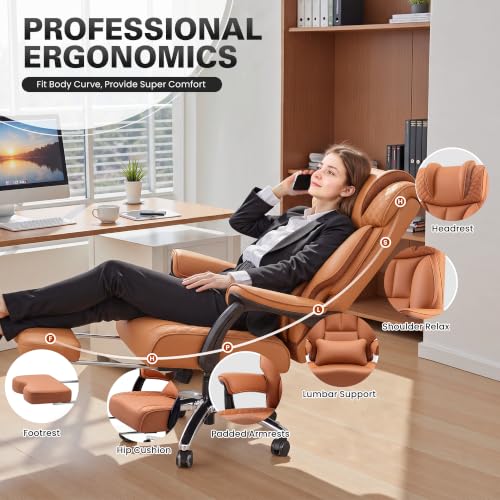Image of BestGlory Office Desk Chair, Big and Tall Leather Gaming Chair with Footrest, Ergonomic Comfy Executive High-Back Reclining Computer Chairs, Wide Swivel Rolling Wheels and Padded Lumbar Support, Brown