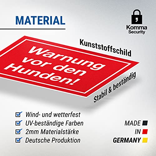 Komma Security Warnung vor Hunden - Hunde Schild Hinweisschild Gartentor Gartenzaun - Türschild Haustüre Warnschild Abschreckung Einbruchschutz - Achtung Vorsicht Hund