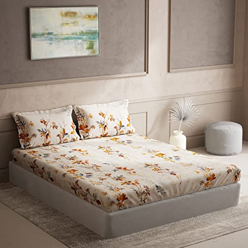 Image of D'Decor 136TC Cotton One Double Bedsheet with Two Pillow Covers - King Size, Floral, Brown