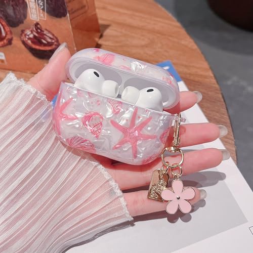 Image of MINSCOSE for AirPods Pro 3 Clear Case,Cute Glitter Seashell and Starfish Pattern Design with Folral Keychain,Soft TPU Protective Cover with Cleaner Kit for Girls Women-Pink