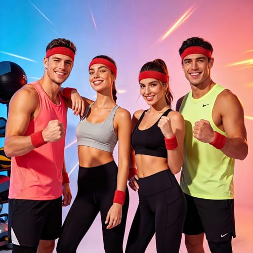 Image of Bememo 36 Pcs Neon Sweatbands Set Soccer Party Favors Cotton Headbands Wristband Sweat Bands Soccer Mom Essentials for Football Fans Sporting Events 80 90s Glow Party
