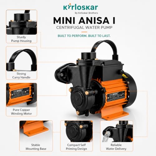 Image of Kirloskar Mini Anisa I Centrifugal Water Pump, 1 HP, 24 Metres Head, 2600 LPH Discharge Capacity, Self Priming, Pure Copper Winding