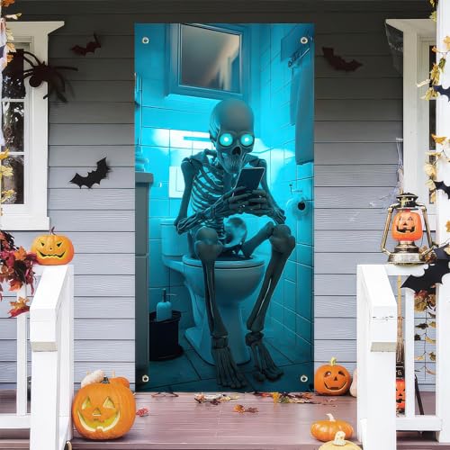 Image of BlissYard Halloween Door Cover Skeleton Restroom Scene 71 x 35 Inch | Polyester, Skeleton Restroom Scene, Halloween Door Cover, Bathroom Wall, Party Backdrop and Haunted House Decor