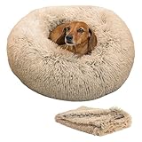 Best Friends by Sheri Bundle Set The Original Calming Shag Donut Cuddler Cat and Dog Bed + Pet Throw Blanket, Taupe, Small, 23x23