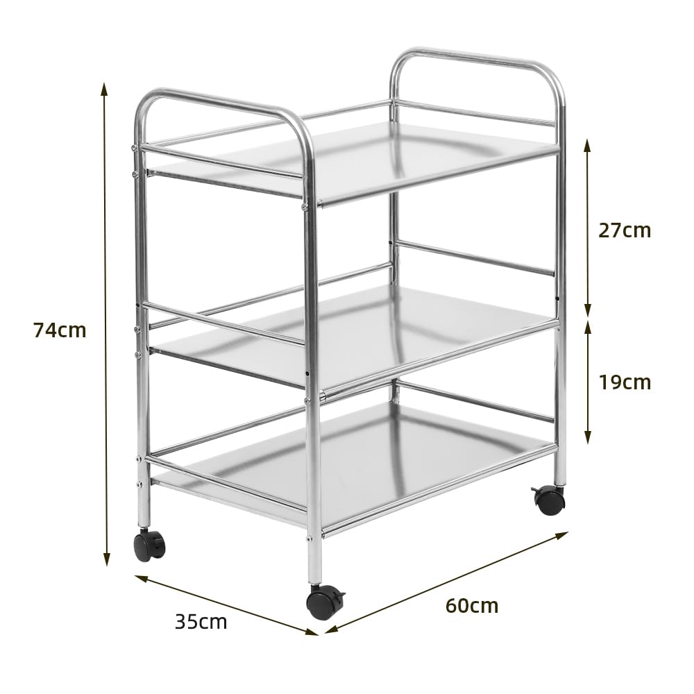 Carrello di servizio a tre livelli in acciaio inossidabile con ruote frenate, robusto e sostenitore di carichi importanti, versatile per l'uso in cucina ed all'aperto
