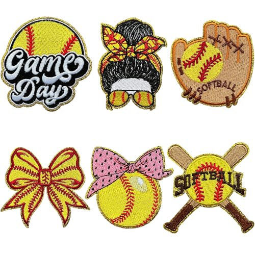 6PCS Softball Iron on Patches Yellow Game Day Iron on Patches Softball Mom Bow Sew on Embroidered Applique for DIY Hat Jacket Backpack Clothing Bag Decor