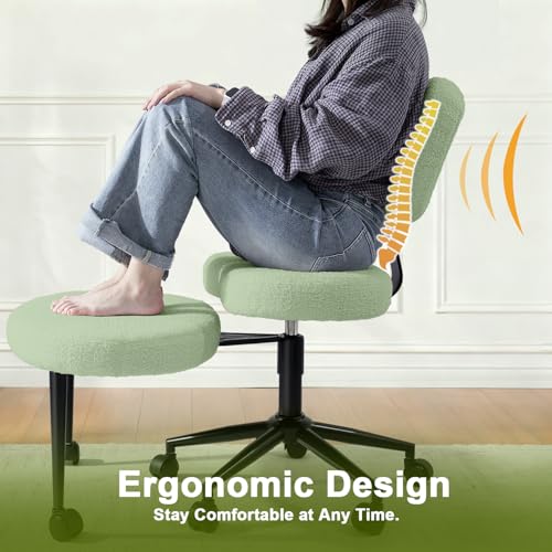 Image of VITESSE Cross-Legged Ergonomic Chair 360 Swivel with Wheels, Adjustable Meditation Seat for ADHD, Lumbar Support, Teddy Fabric Home Office Chair,Green