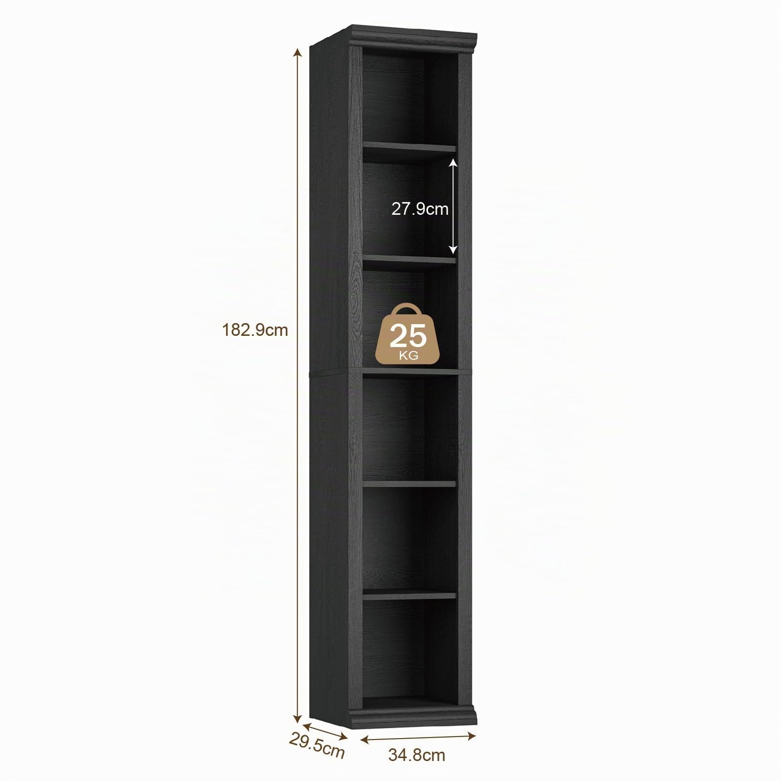 EOSVALO Schmales Bücherregal Schwarz, 182,5 cm, 6-stöckig, Holz