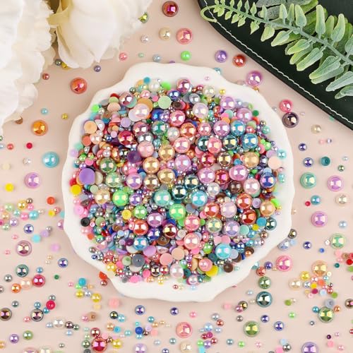 100g Flatback Pearls for Crafts,Assorted Sizes Half Round Pearl Beads Rhinestones for Nails,Pearl Flatback Resin Cabochons Beads for DIY Crafts Decoration (Colorful)