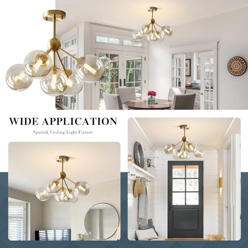 Image of KCO Lighting 5-Light Amber Glass Globe Chandelier Brush Gold Semi Flush Mount Ceiling Light Mid-Century Modern Close to Ceiling Light for Living Room Bedroom Foyer (5-Light)