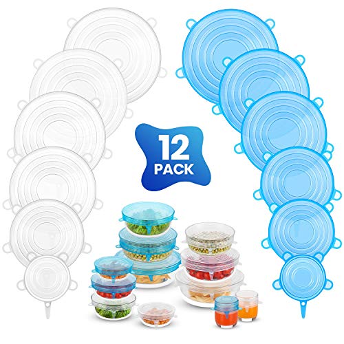 Silicone Stretch Lids (12 Pack, 2 Color), Zero Waste Reusable Silicon Container Lid