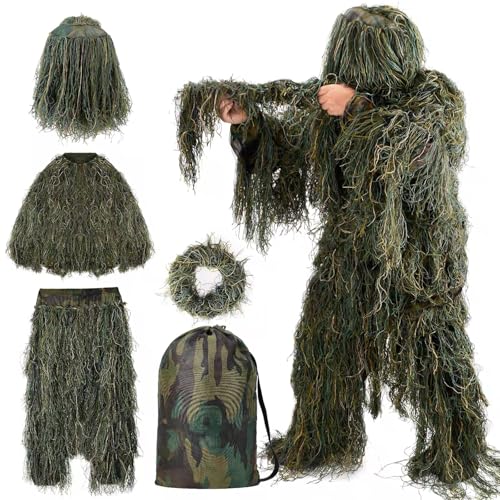 OAK Ghillie Suit 5-teiliger 3D-Ghillie Anzug Tarnanzug für Erwachsene Jugendliche & Kinder Camouflage Anzug für Wald- und Dschungeljagd Wildlife Fotografie | Halloween-Kostüm (S für Kinder)