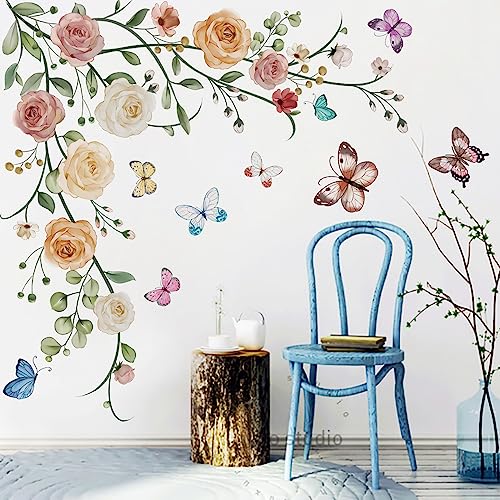 Runtoo Hanging Flower Vine Wall Art Stickers Peony Floral Butterfly Wall Decals for Girls Bedroom Living Room TV Background Home Decor - Image 3