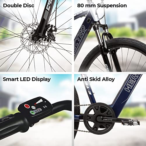 Image of Hero Lectro C4E 700C Single Speed City Hybrid Electric Cycle | 5.8 ah IP67 Rated Battery | Front Suspension and Dual Disc Brakes | Blue | Ideal Age 12+ Years Unisex | 95% pre-Assembled,Frame: 19 Inch