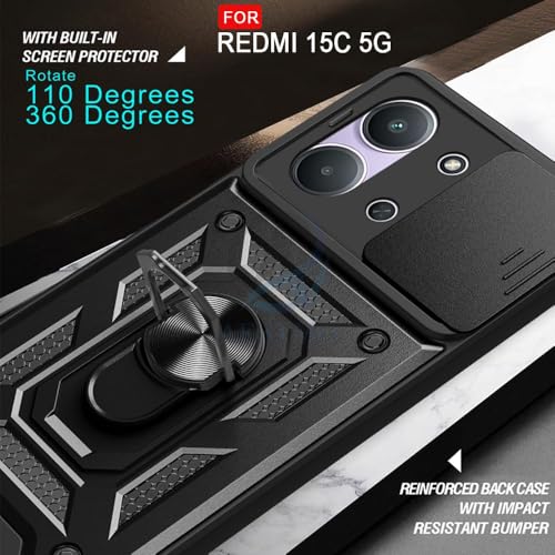 Image of AIBEX Back Cover Compatible for Redmi 15C 5G / Poco C85 5G | D10 Tough Armor Case | Sliding Camera Shield | 360 Protection | Kickstand Ring Holder | Military-Grade Bumper Case - Black