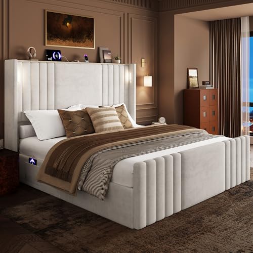 Image of Queen Bed Frame with 55.1 inch Tall Headboard, Velvet Upholstered Platform Bed with Channel Tufted Wingback, 2 Reading Lights /Storage Shelf /Charging Station /Easy Assembly /Noise-Free, Cream