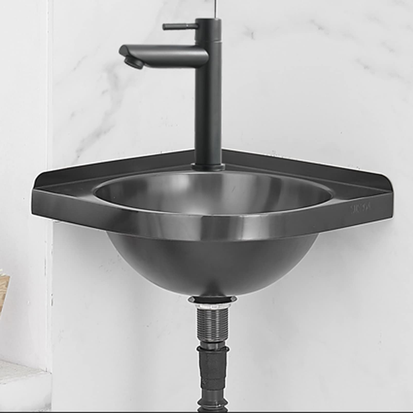 ASerZenith Wall Mount Mini Vessel Sink Bathroom Corner Wash Basin, Cloakroom Vanity Sink With Faucet And Drain Combo, Household/Commercial Compact Lavatory Sink(Black-Set D)