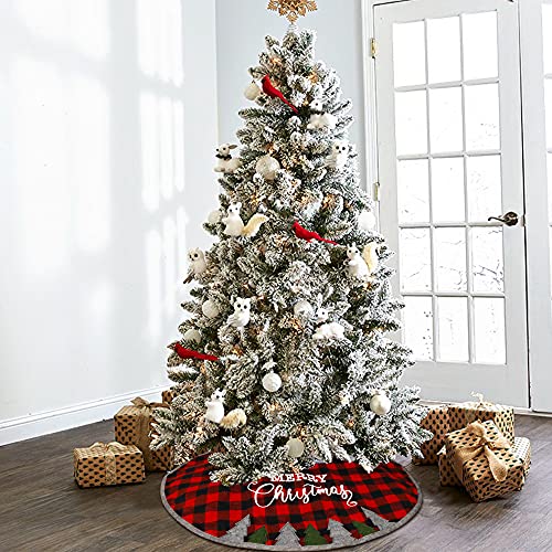 Juegoal 32 Inch Christmas Tree Skirt, Soft Red and Black Plaid Christmas Tree Mat for Xmas Party Decoration, Merry Christmas Base Cover for Christmas Tree Holiday Decor - Image 4