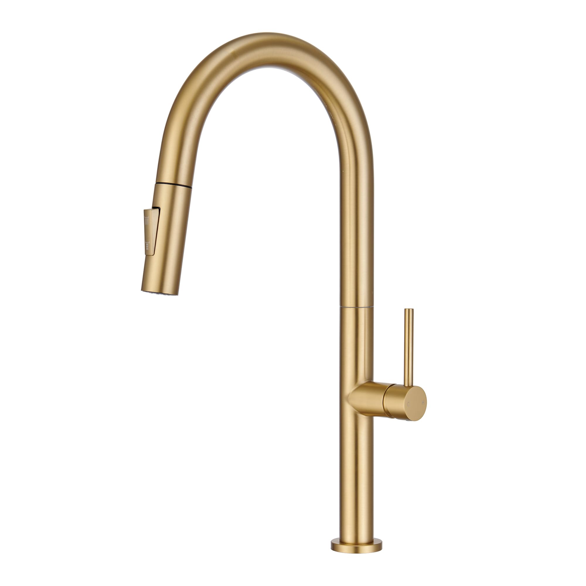 MONDAWE Brushed Gold Kitchen Faucets with Pull Down Sprayer, Modern Stainless Steel High Arc Faucet for Sink, Single Handle Tall 1/3 Hole Touch Faucet with Deck Plate, 2 Way Spray, 1.8GPM
